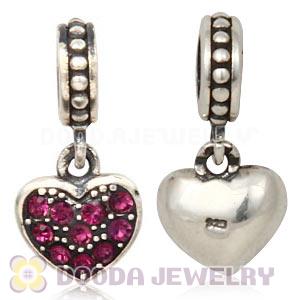 Sterling Silver European Amethyst Pave Heart Dangle With Amethyst Austrian Crystal