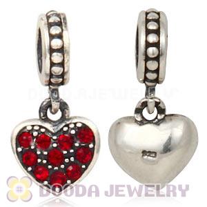 Sterling Silver European Siam Pave Heart Dangle With Siam Austrian Crystal