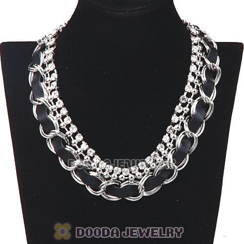 Silver Chain Ladies Rhinestone Leather Chunky Choker Bib Necklace Wholesale