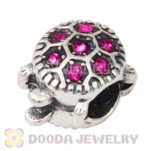 925 Sterling Silver European Turtle Charm Bead With Pave Fuchsia Austrian Crystal