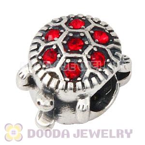 925 Sterling Silver European Turtle Charm Bead With Pave Light Siam Austrian Crystal