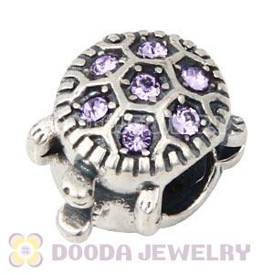 925 Sterling Silver European Turtle Charm Bead With Pave Violet Austrian Crystal