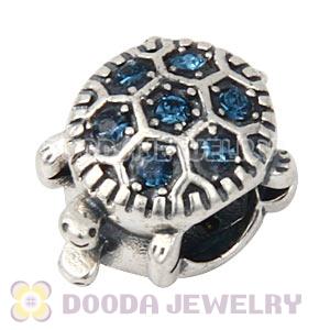 925 Sterling Silver European Turtle Charm Bead With Pave Montana Austrian Crystal