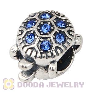 925 Sterling Silver European Turtle Charm Bead With Pave Sapphire Austrian Crystal