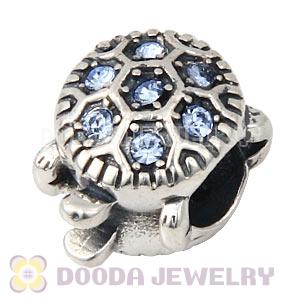 925 Sterling Silver European Turtle Charm Bead With Pave Light Sapphire Austrian Crystal
