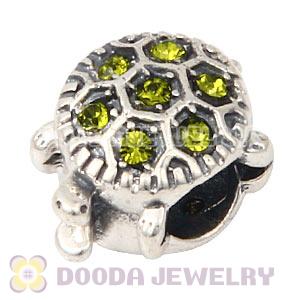 925 Sterling Silver European Turtle Charm Bead With Pave Olivine Austrian Crystal