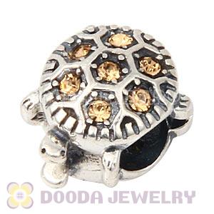 925 Sterling Silver European Turtle Charm Bead With Pave Light Colorado Topaz Austrian Crystal