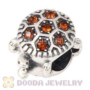 925 Sterling Silver European Turtle Charm Bead With Pave Smoked Topaz Austrian Crystal