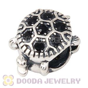 925 Sterling Silver European Turtle Charm Bead With Pave Jet Austrian Crystal