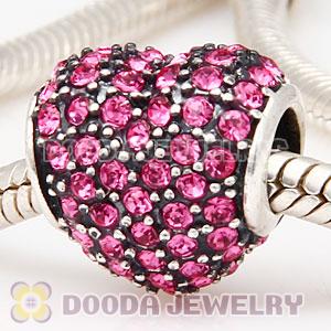 European Sterling Rose Pave Heart With Rose Austrian Crystal Charm