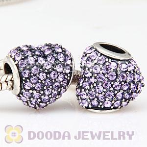 European Sterling Violet Pave Heart With Violet Austrian Crystal Charm