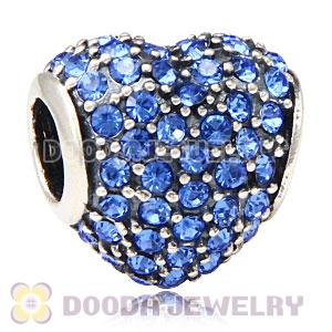 European Sterling Sapphire Pave Heart With Sapphire Austrian Crystal Charm