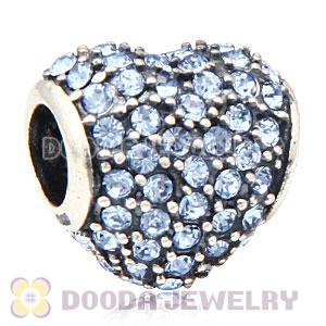 European Sterling Light Sapphire Pave Heart With Light Sapphire Austrian Crystal Charm