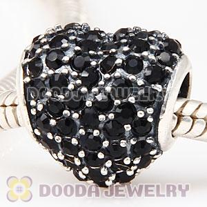 European Sterling Jet Pave Heart With Jet Austrian Crystal Charm