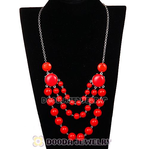 Fashion Silver Chains Three Layers Coral Red Resin Bubble Bib Statement Necklaces Wholesale 