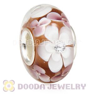 Handmade European Flower Glass Beads Inside Cubic Zirconia In 925 Silver Core 