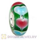 Handmade European Heart Glass Beads Inside Cubic Zirconia In 925 Silver Core 