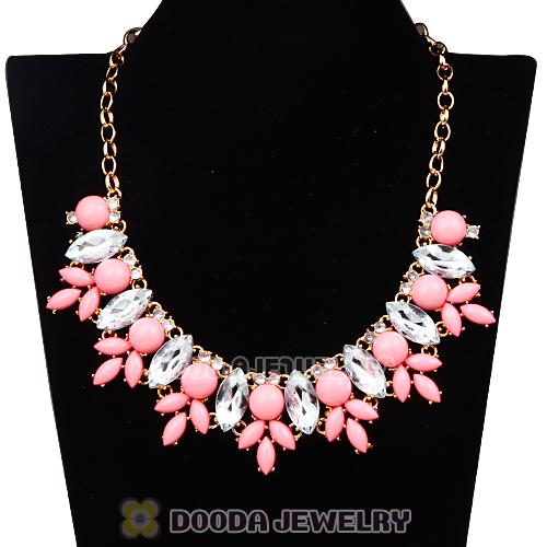Pink Resin Rhinestone Crystal Marquess Fleur Flower Choker Bib Necklaces Wholesale