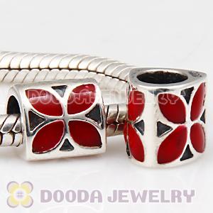 925 Sterling Silver European 4 Petal Flower Bead with Red Enamel