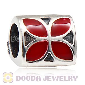 925 Sterling Silver European 4 Petal Flower Bead with Red Enamel