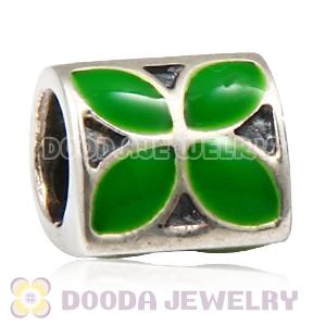925 Sterling Silver European 4 Petal Flower Bead with Green Enamel