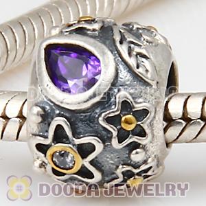 European Style Silver Beads with Dew Drops Purple Stone