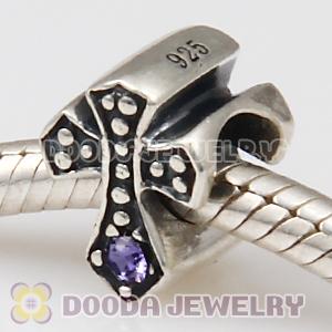 European Antique Sterling Silver Cross Charm Bead with Tanzanite Austrian Crystal