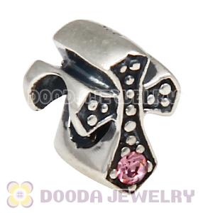 European Antique Sterling Silver Cross Charm Bead with Light Rose Austrian Crystal