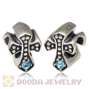 European Antique Sterling Silver Cross Charm Bead with Aquamarine Austrian Crystal