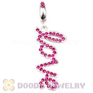 European Sterling Silver Love Letters Dangle Beads with Fuchsia Austrian Crystal