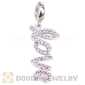 European Sterling Silver Love Letters Dangle Beads with Violet Austrian Crystal