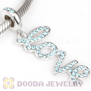 European Sterling Silver Love Letters Dangle Beads with Aquamarine Austrian Crystal