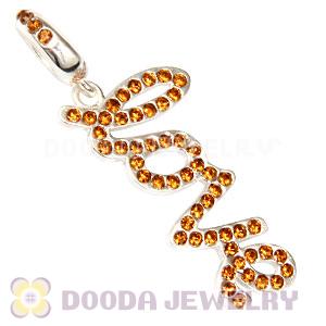 European Sterling Silver Love Letters Dangle Beads with Smoked Topaz Austrian Crystal