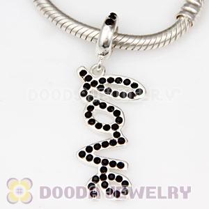 European Sterling Silver Love Letters Dangle Beads with Jet Austrian Crystal