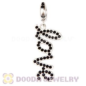 European Sterling Silver Love Letters Dangle Beads with Jet Austrian Crystal