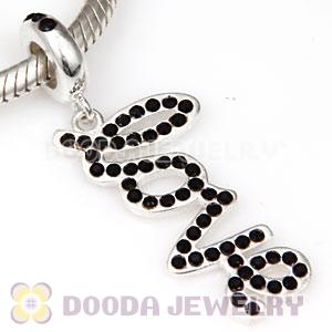 European Sterling Silver Love Letters Dangle Beads with Jet Austrian Crystal