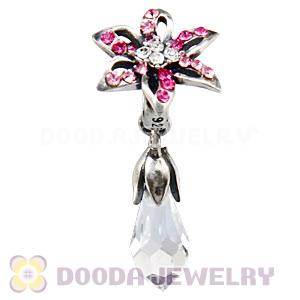 Sterling Silver Lily Briolette Dangle Beads with Pink Rose and Crystal Austrian Crystal