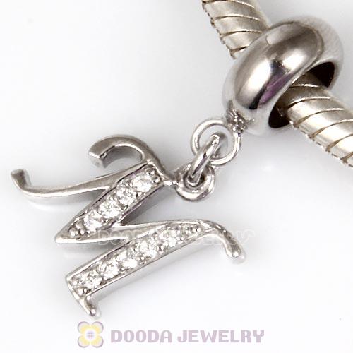 925 Sterling Silver Dangle Letter M Beads with CZ Stone