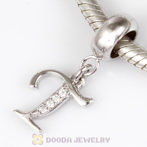 925 Sterling Silver Dangle Letter T Beads with CZ Stone