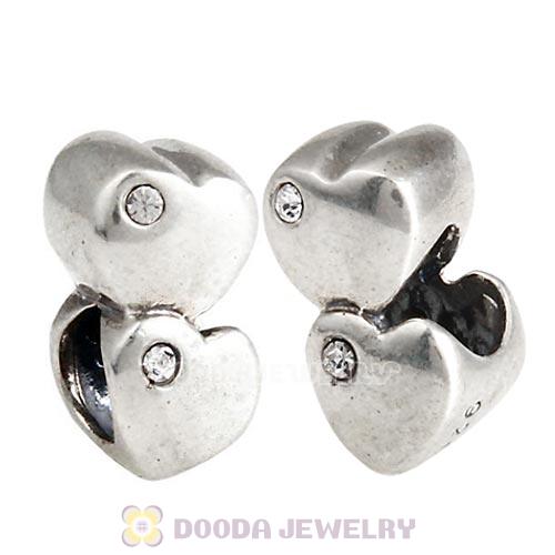 European Sterling Double Heart Charm With Austrian Crystal Beads