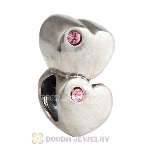 European Sterling Double Heart Charm with Light Rose Austrian Crystal Beads