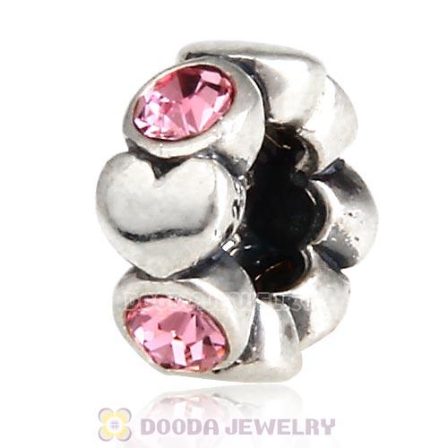 European Sterling Silver Heart Spacer Beads with Light Rose Austrian Crystal