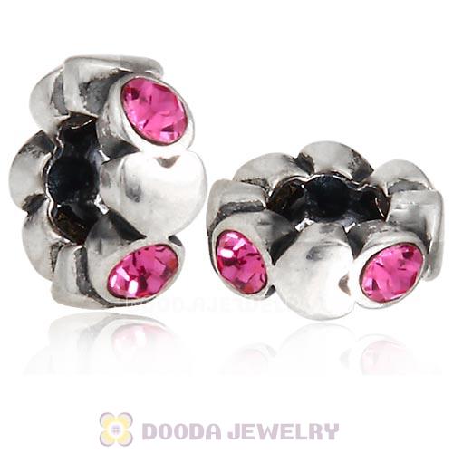 European Sterling Silver Heart Spacer Beads with Rose Austrian Crystal