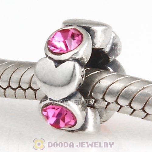 European Sterling Silver Heart Spacer Beads with Rose Austrian Crystal