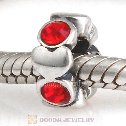 European Sterling Silver Heart Spacer Beads with Light Siam Austrian Crystal