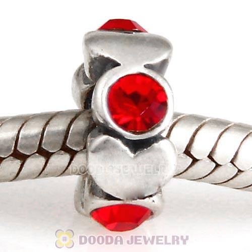 European Sterling Silver Heart Spacer Beads with Light Siam Austrian Crystal