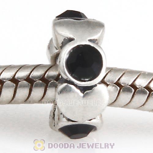 European Sterling Silver Heart Spacer Beads with Jet Austrian Crystal