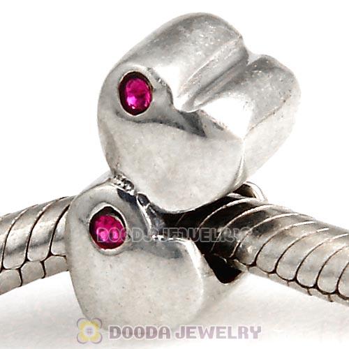 European Sterling Double Heart Charm with Fuchsia Austrian Crystal Beads
