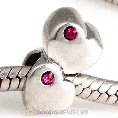 European Sterling Double Heart Charm with Fuchsia Austrian Crystal Beads