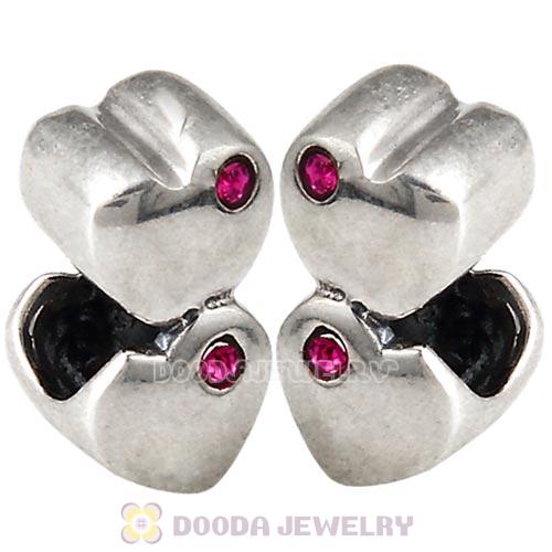European Sterling Double Heart Charm with Fuchsia Austrian Crystal Beads
